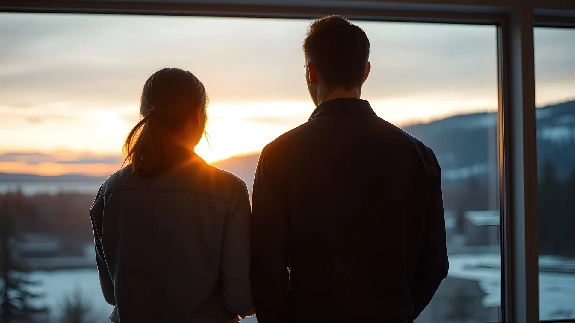 Two colleagues talking at a window at dusk