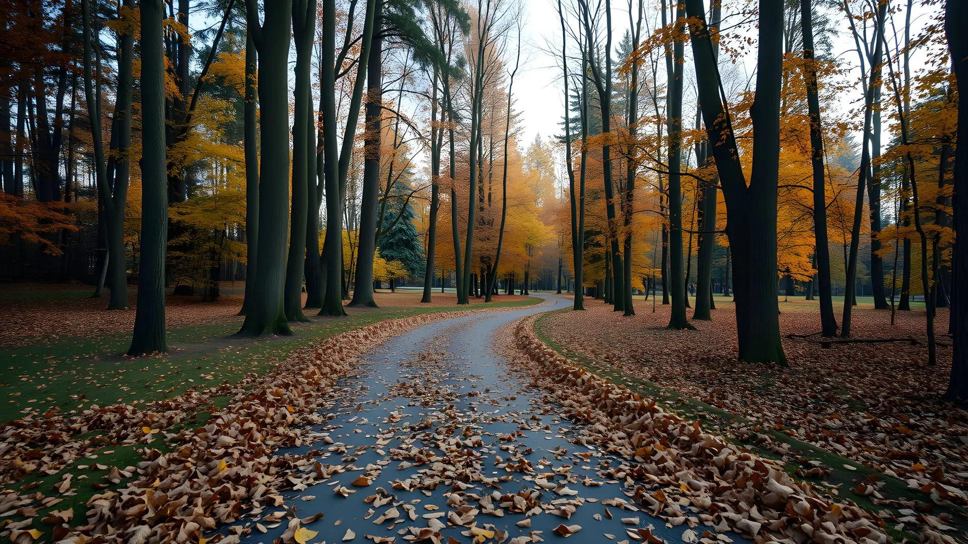 An autumn park path covered in fallen leaves