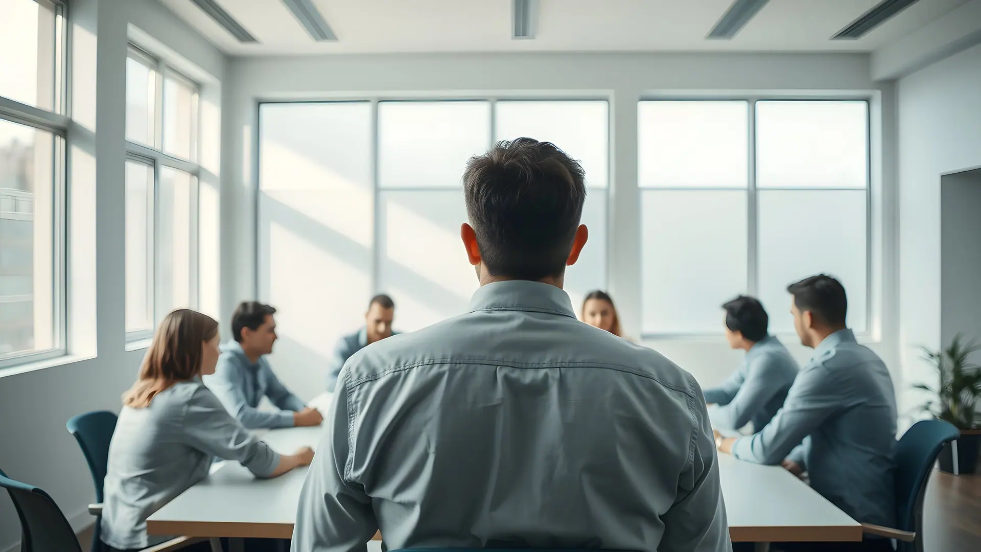 An emergency operations centre director leading a calm briefing, seen from behind