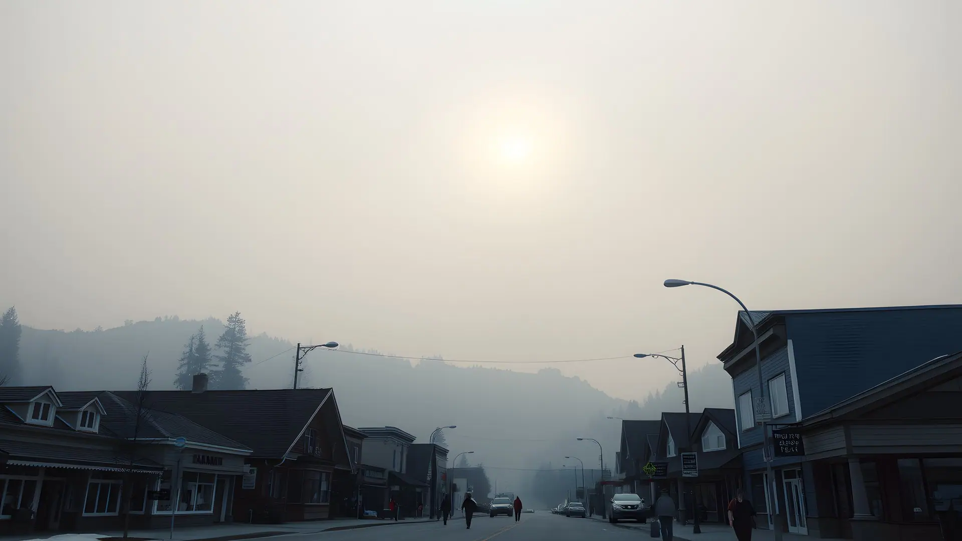 A mountain town under a smoky sky