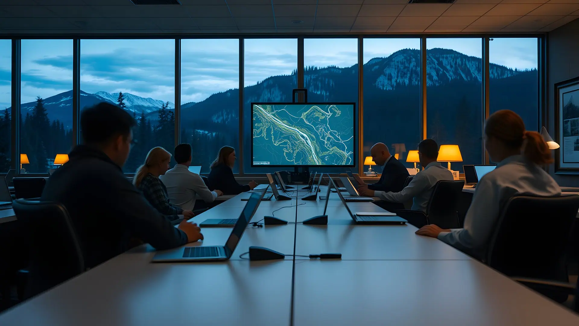 EOC staff at work at dusk with mountains outside