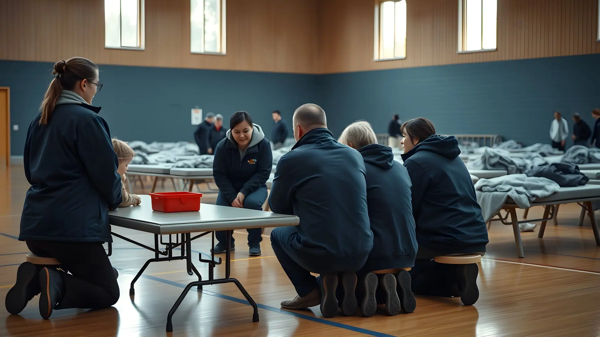A community gym set up as a reception centre with rows of cots