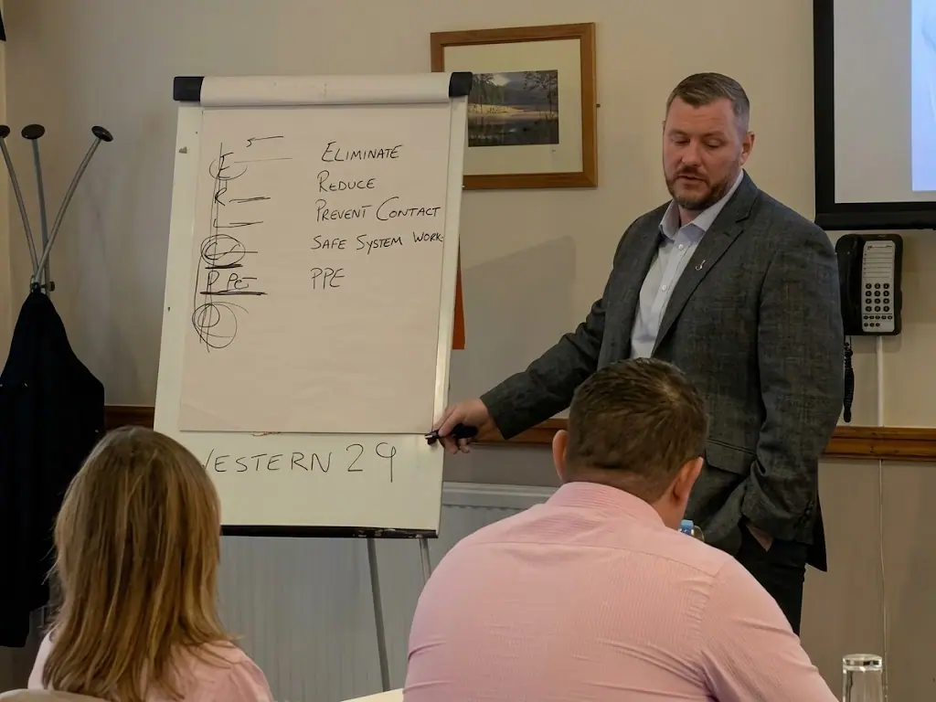 Gavin Thomas teaching the hierarchy of controls at a flipchart