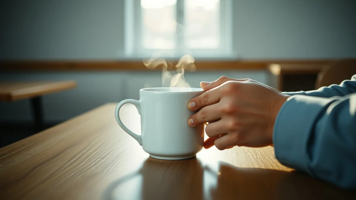 Hands around a warm mug of tea on a table by a window