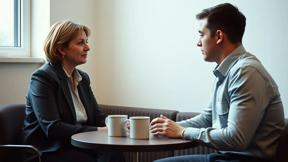 A leader listening closely to a colleague over coffee in a quiet meeting room