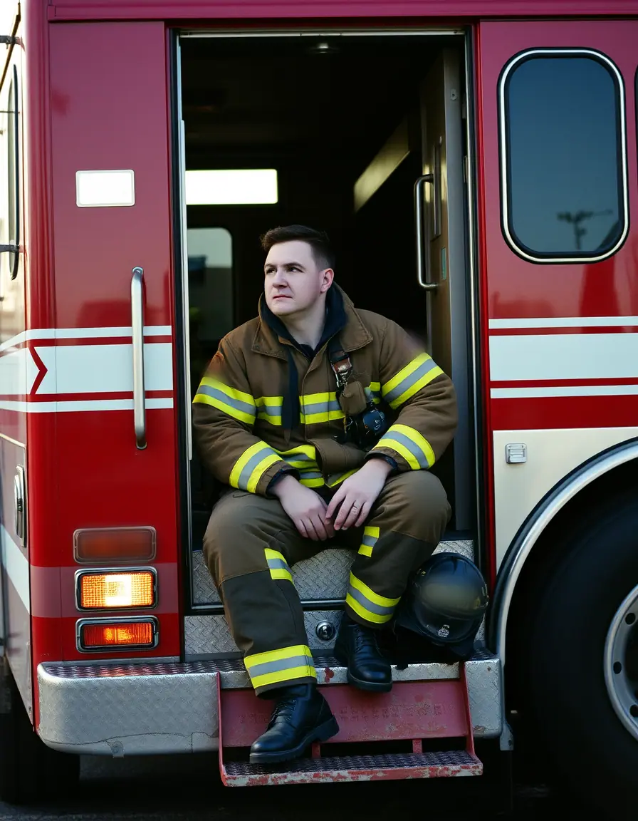 A firefighter sitting on the back step of an engine after a call