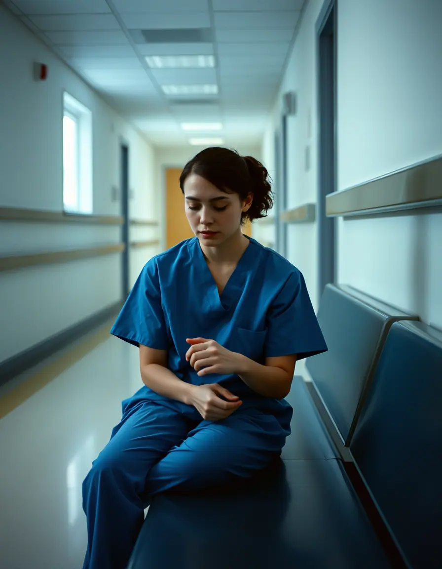 A nurse taking a quiet moment at the end of a hospital shift