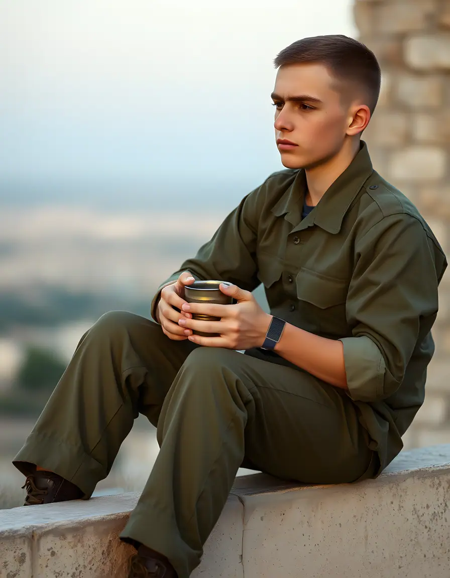 A service member sitting quietly on a bench outside a barracks