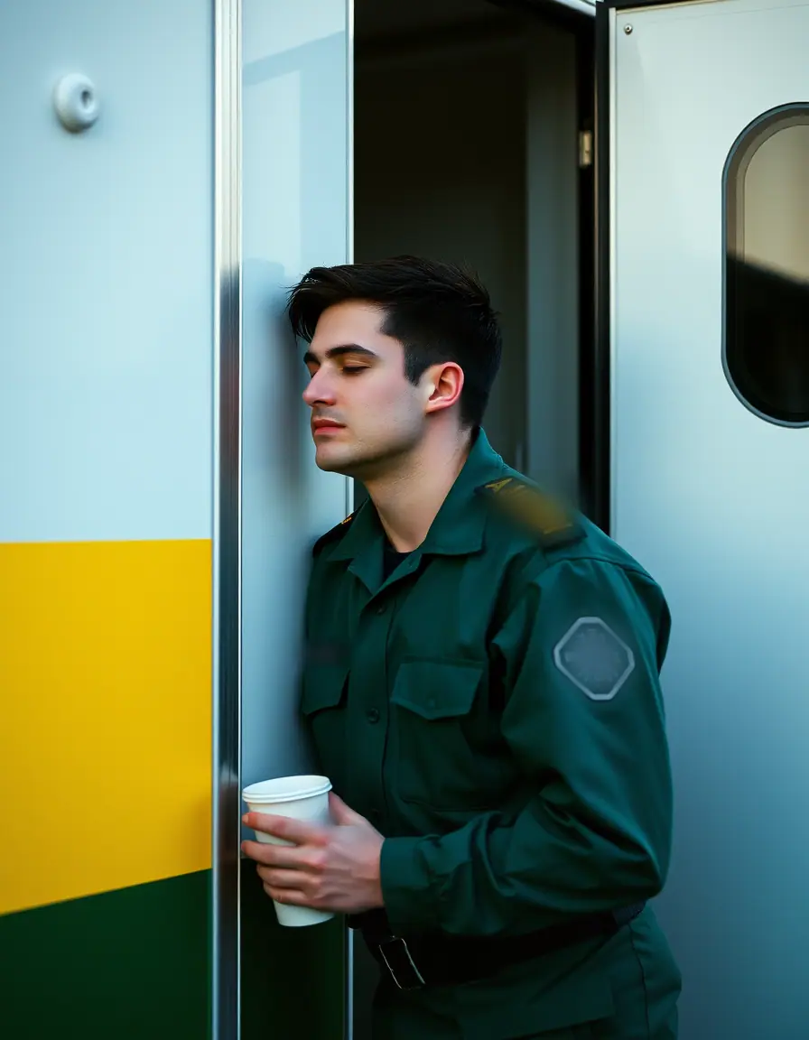 A paramedic resting against an ambulance in early morning light