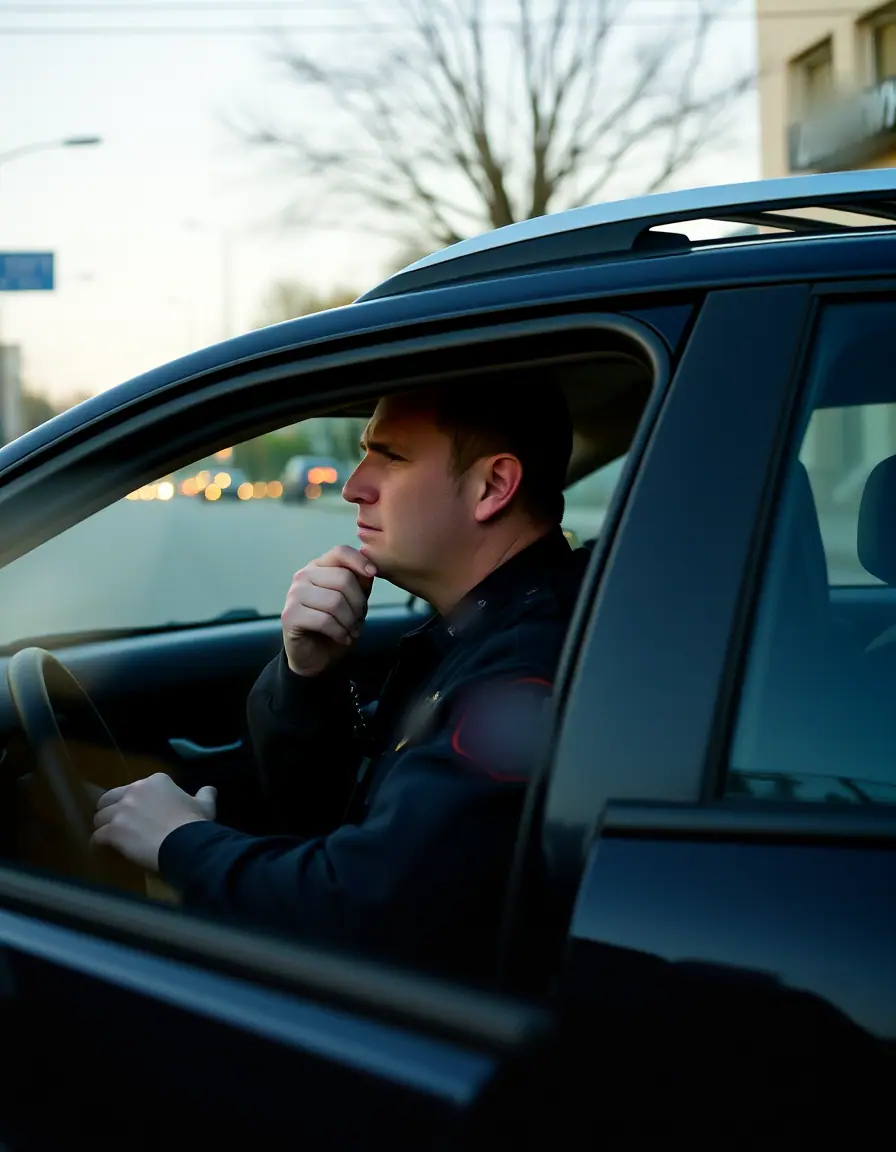 A police officer sitting in a parked patrol car between calls
